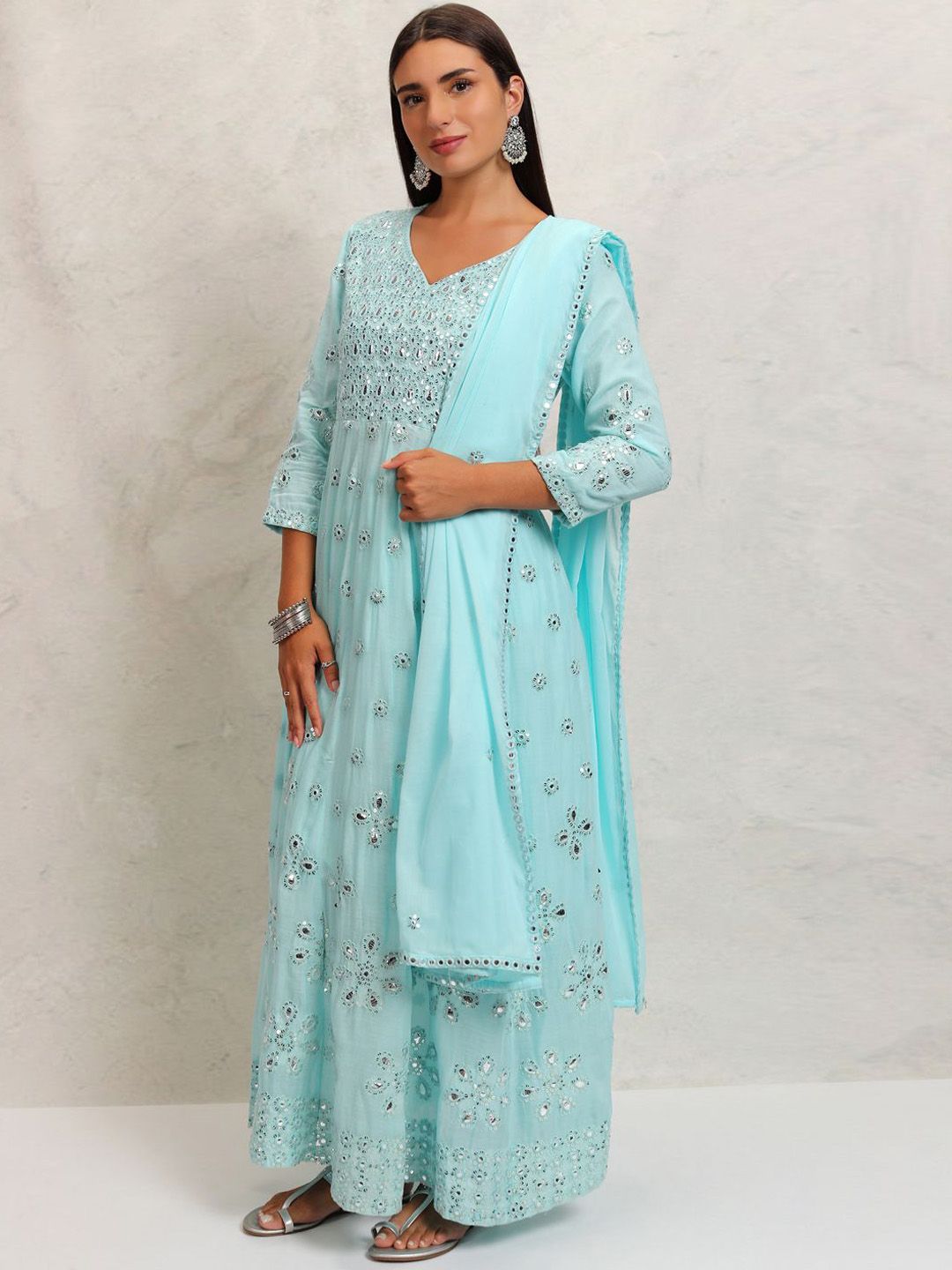 Vishudh Blue Embroidered Mirror Work Pure Cotton Anarkali Kurta With Trousers & Dupatta