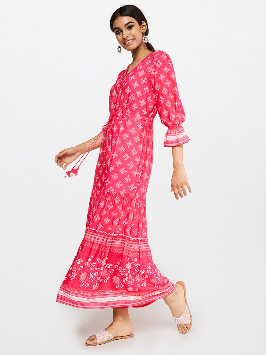 Global Desi Pink & White Printed Basic Jumpsuit