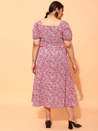CURVY STREET Plus Size Fuchsia & White Floral printed Square Neck A-Line Dress