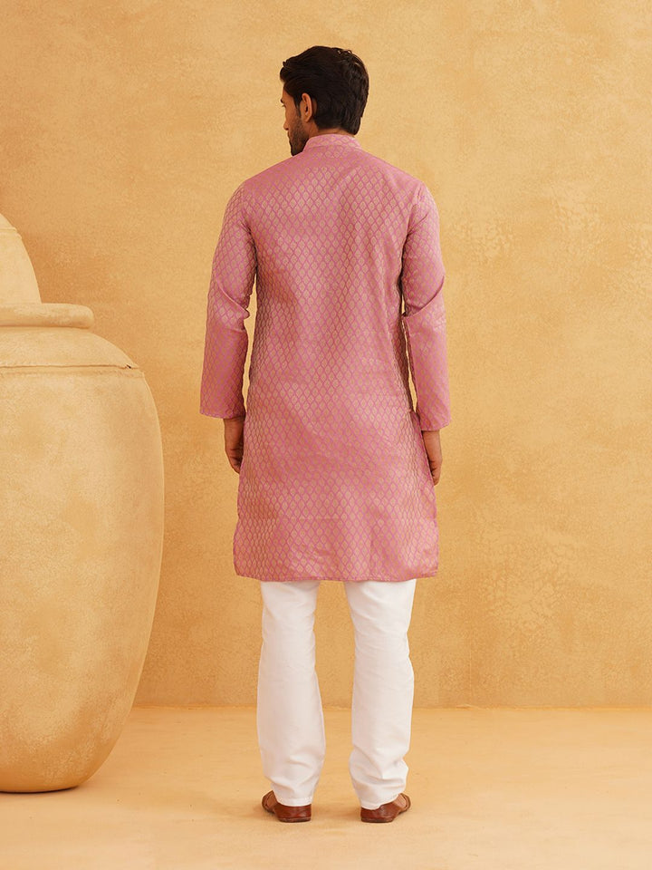 SOJANYA Men Pink Regular Thread Work Kurta with Churidar