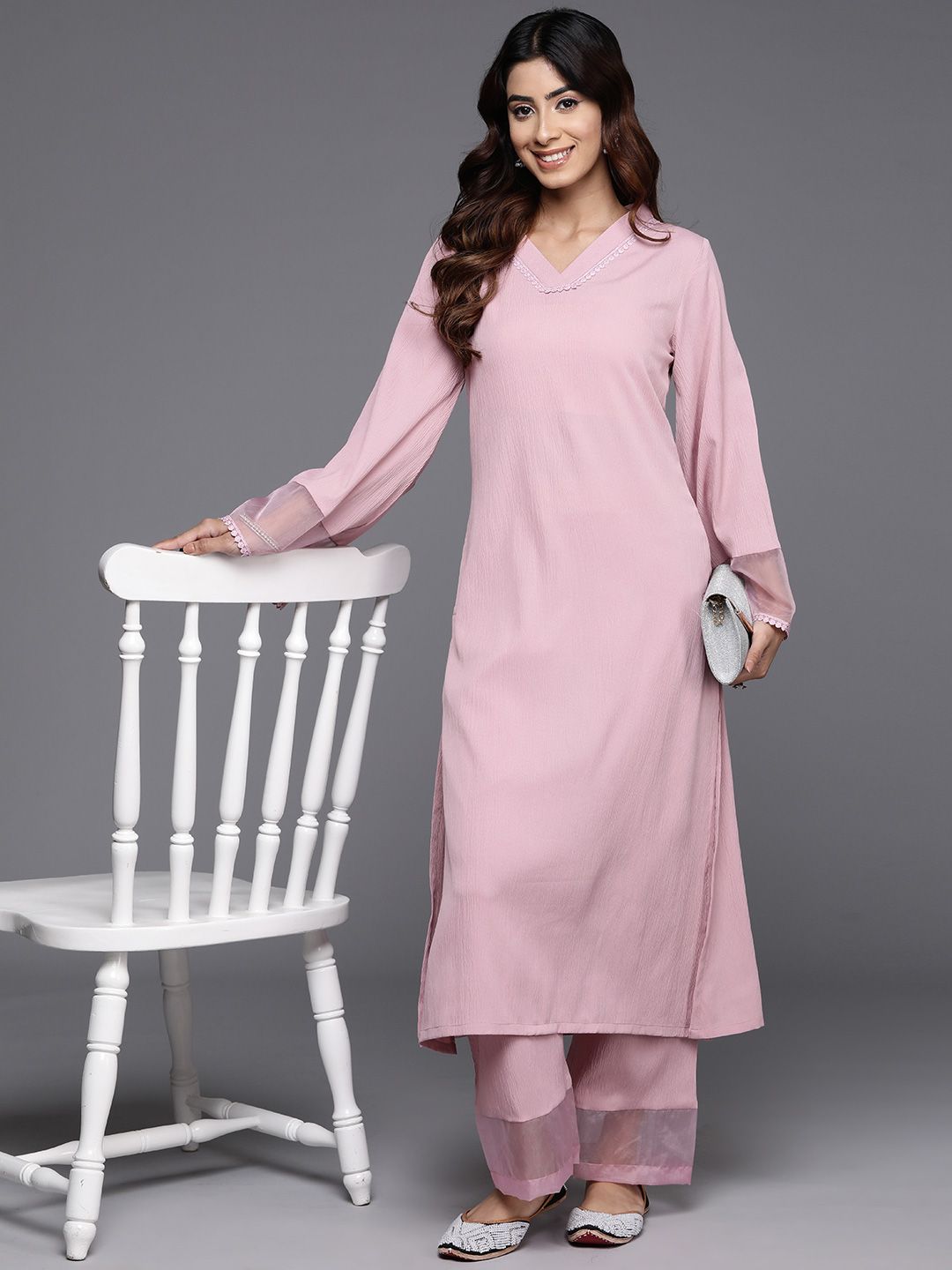 Varanga Pink Flared Sleeve Organza detailed Solid Kurta & Palazzo