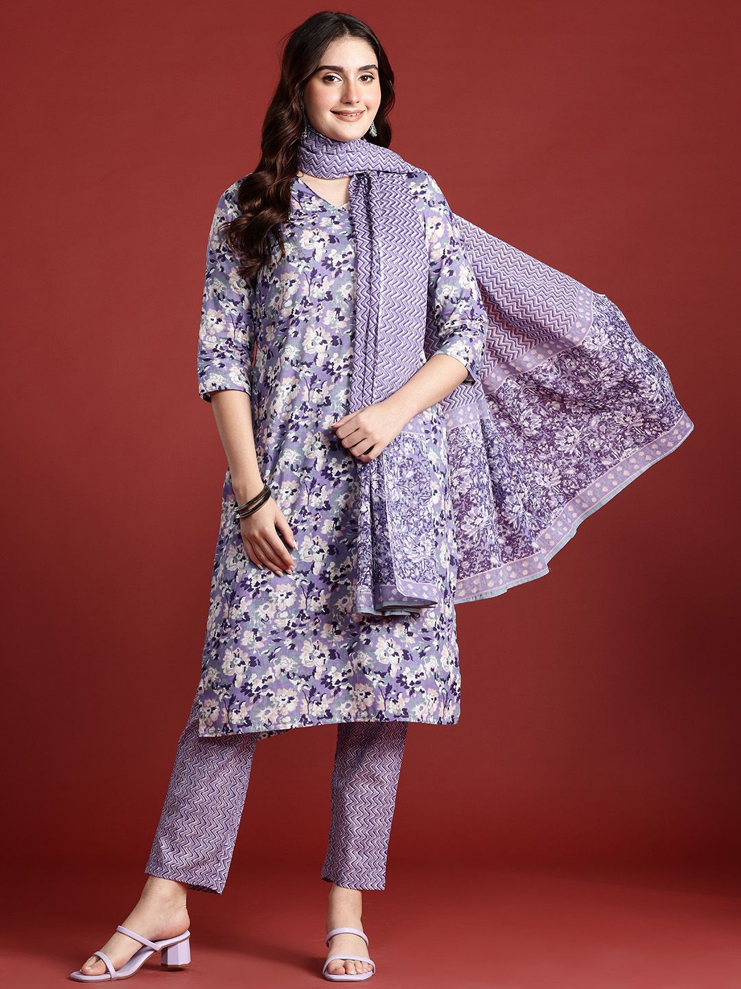 Anouk Printed Regular Cotton Kurta with Trousers & With Dupatta