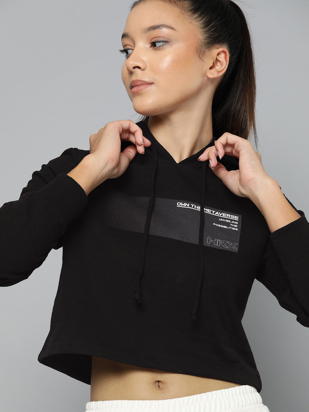 HRX by Hrithik Roshan Minimal Typography Printed Cropped Hooded Lifestyle Sweatshirt