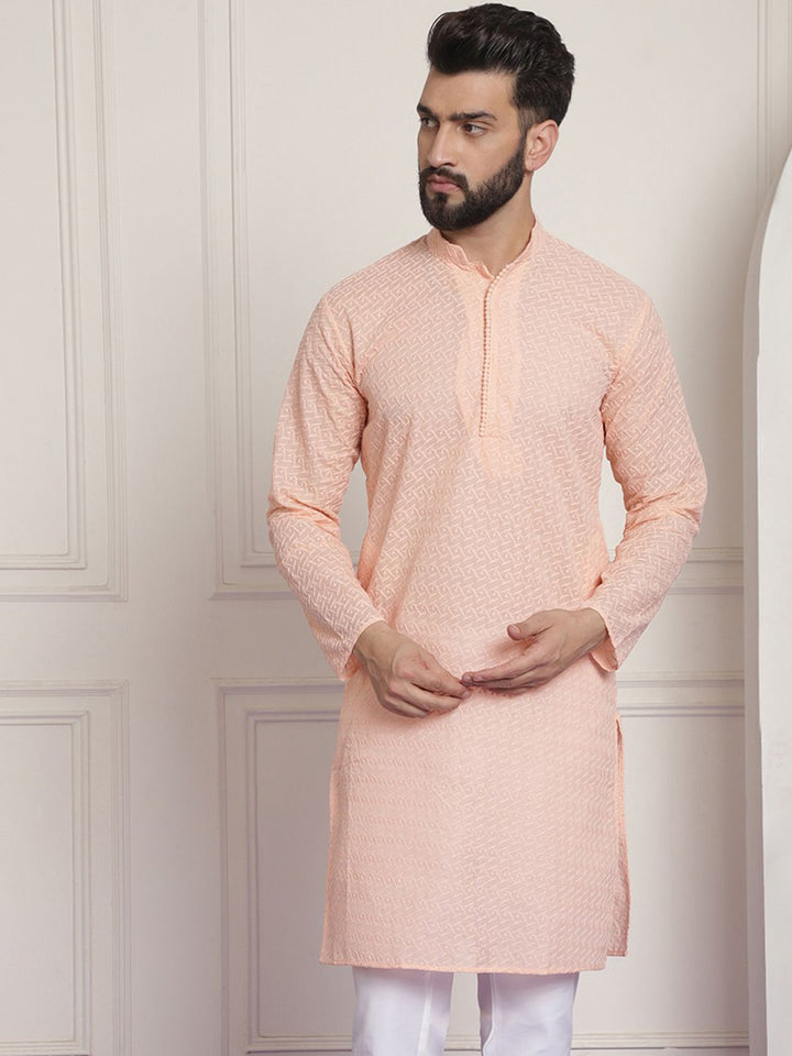 SOJANYA Men Peach-Coloured Ethnic Motifs Embroidered Chikankari Kurta