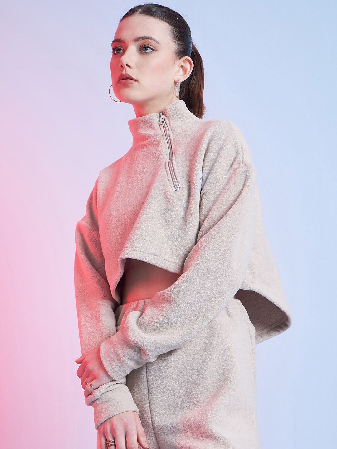 STREET 9 Beige Mock Collar Crop Sweatshirt