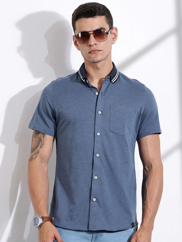 Thomas Scott Men Classic Slim Fit Spread Collar Solid Cotton Knitted Shirt