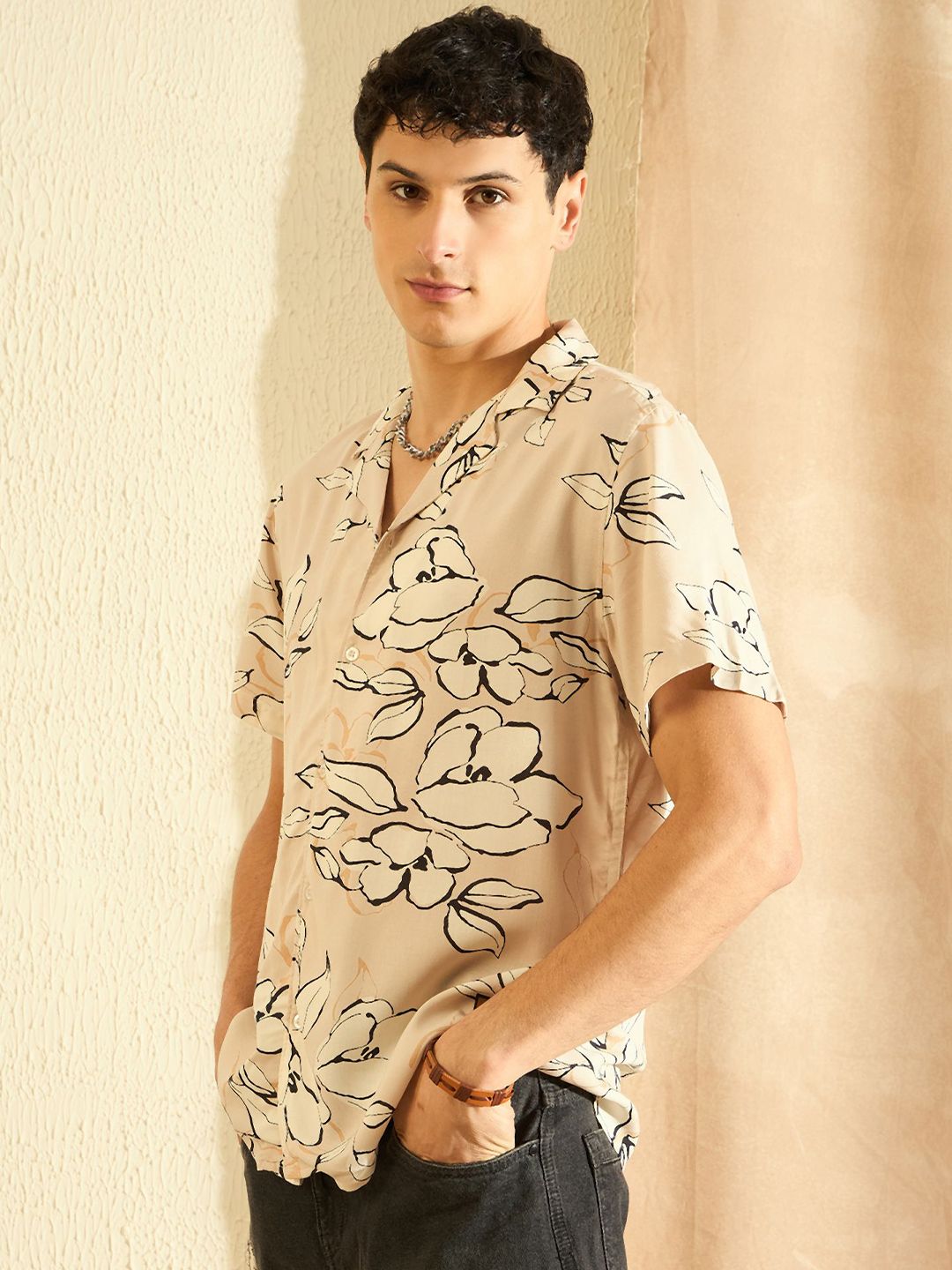 DENNISON Smart Oversized Floral Printed Cuban Collar Casual Shirt