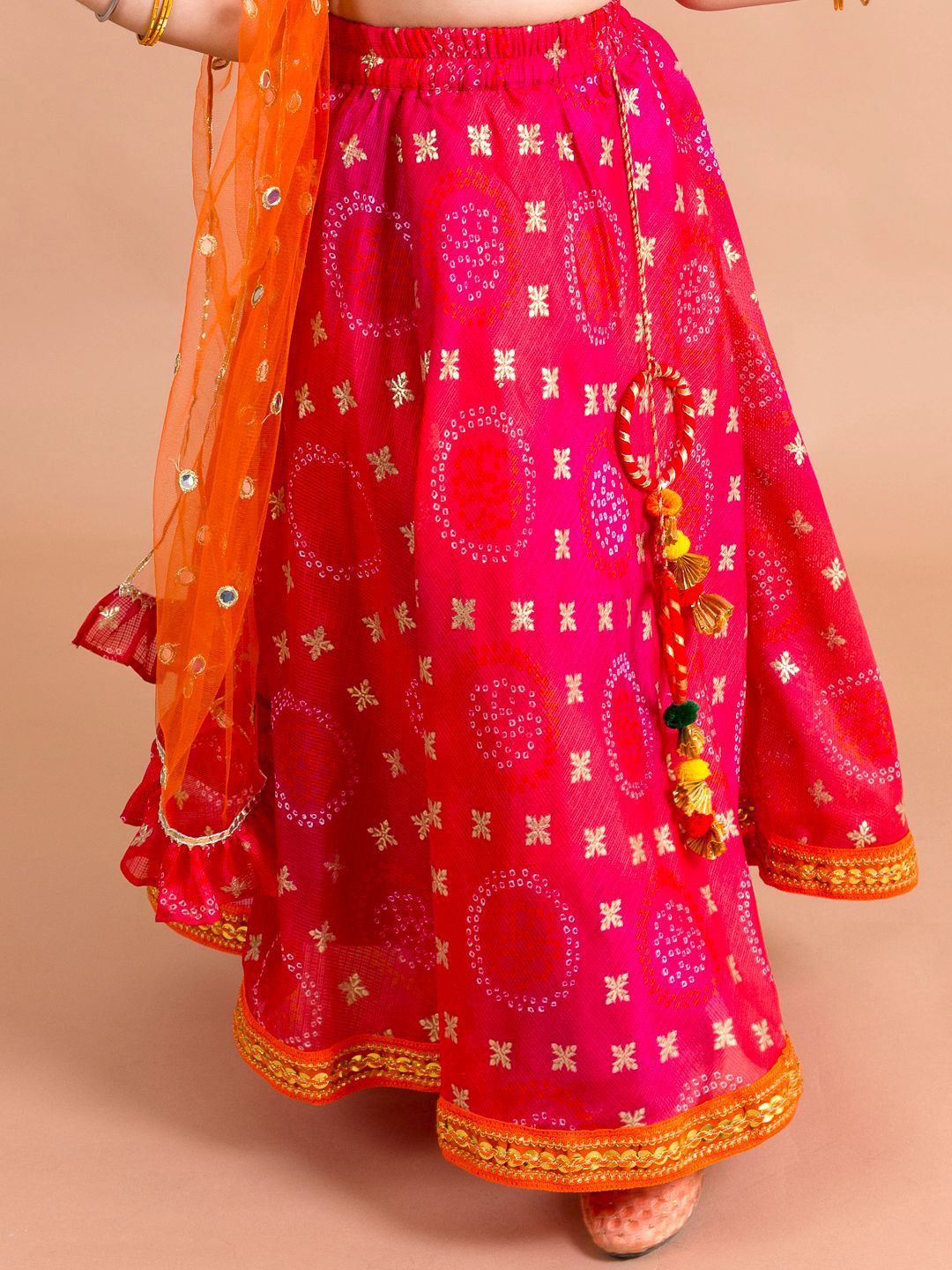 pspeaches Girls Pink & Orange Ready to Wear Lehenga & Blouse With Dupatta