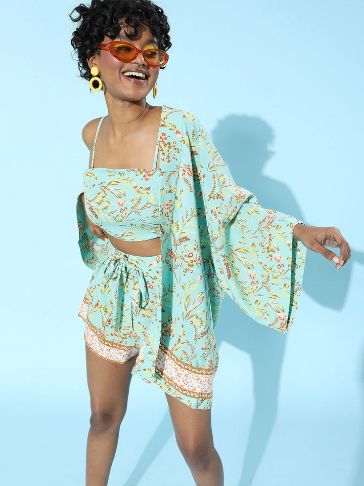 Berrylush Women Enchanting Sea Green 3 Piece Printed Jumpsuit