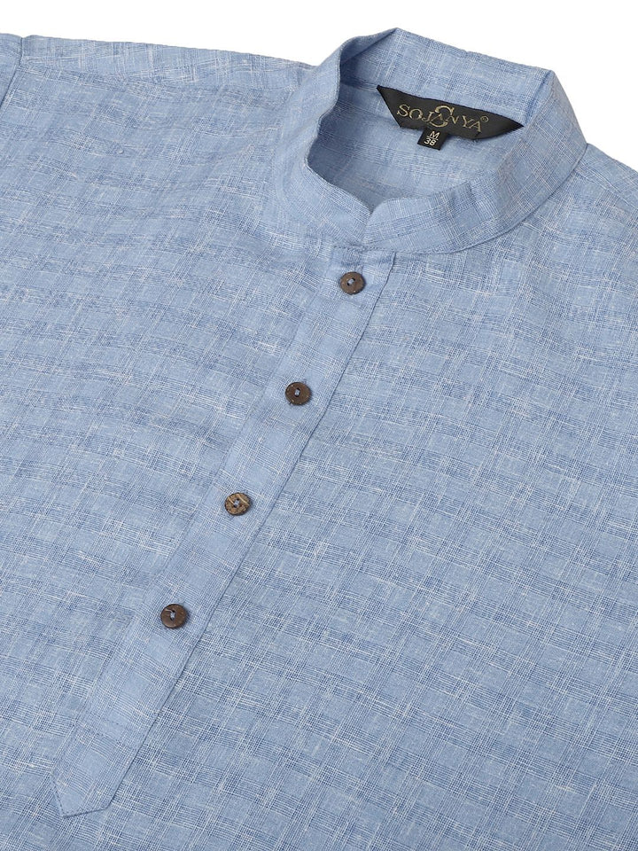 SOJANYA Men Blue Dobby Self-Checked Straight Kurta