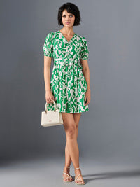 AND Tropical Print Puff Sleeves Dress