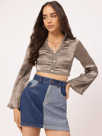 DressBerry Satin Dream Embroidered Trims Flared Sleeve Crop Top