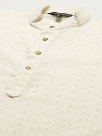 SOJANYA Men Cream-Coloured Chikankari Pure Cotton Kurta with Churidar & Nehru Jacket
