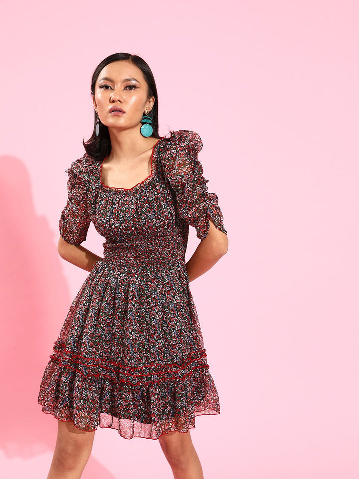 Antheaa Women Stylish Black Floral Dress