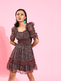 Antheaa Women Stylish Black Floral Dress