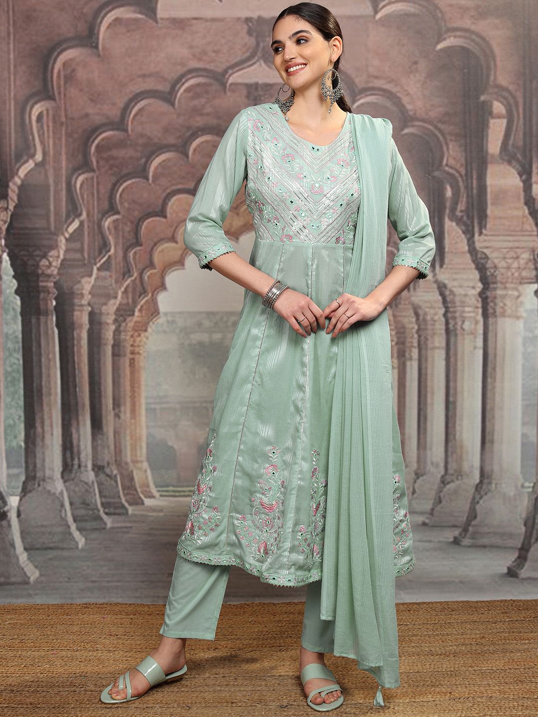 Vishudh Floral Embroidered Regular Pure Cotton Kurta with Trouser & Dupatta
