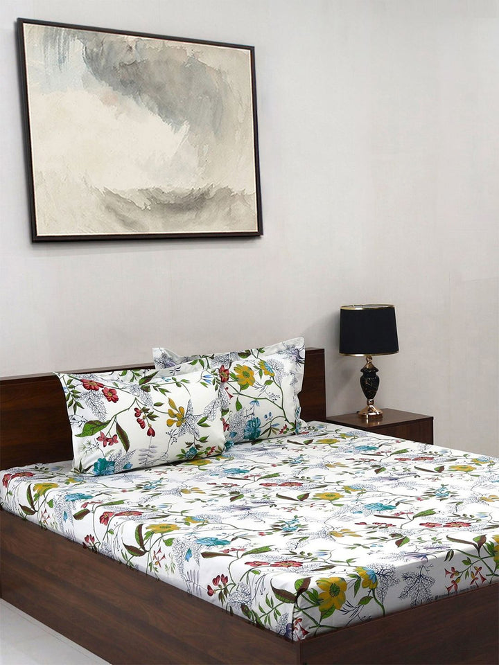 BOMBAY DYEING Green & White Floral Pure Cotton 140 TC Queen Bedsheet Set 2.28 x 2.54 Mts