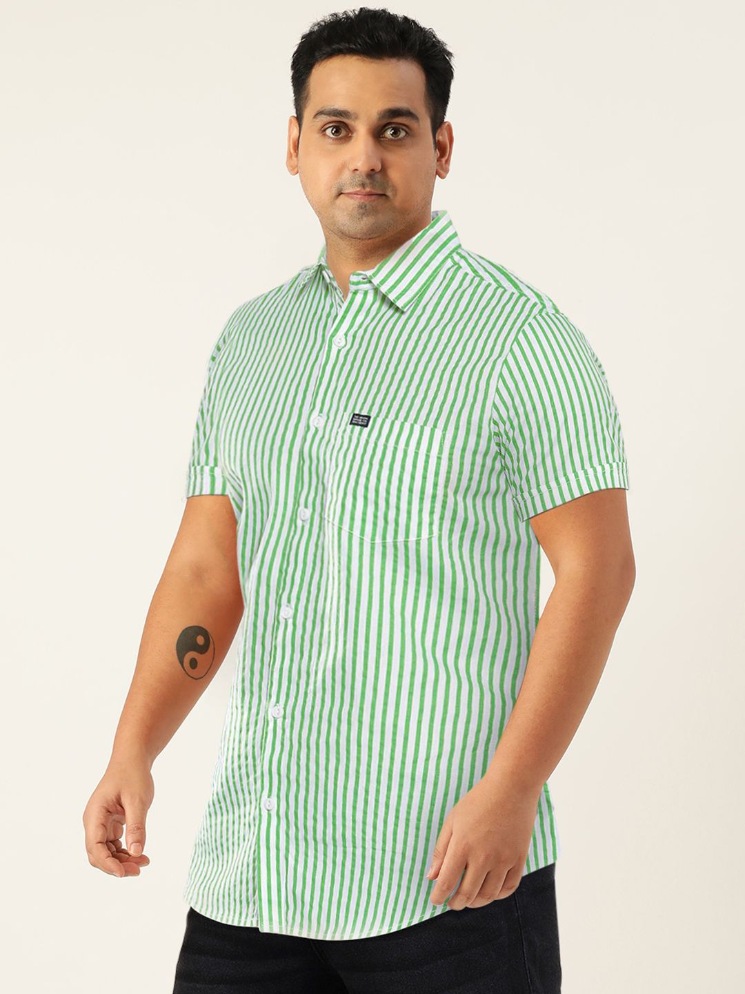 The Indian Garage Co Men Green Comfort Striped Cotton Casual Shirt