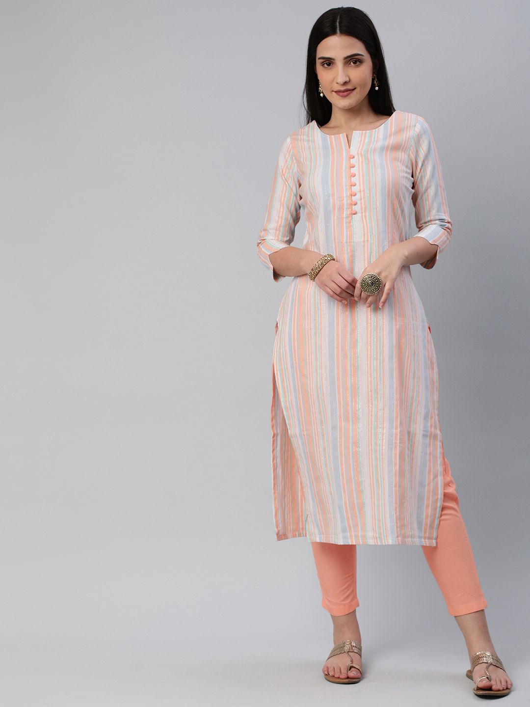 KALINI Women Striped Pure Cotton Kurta With Trousers