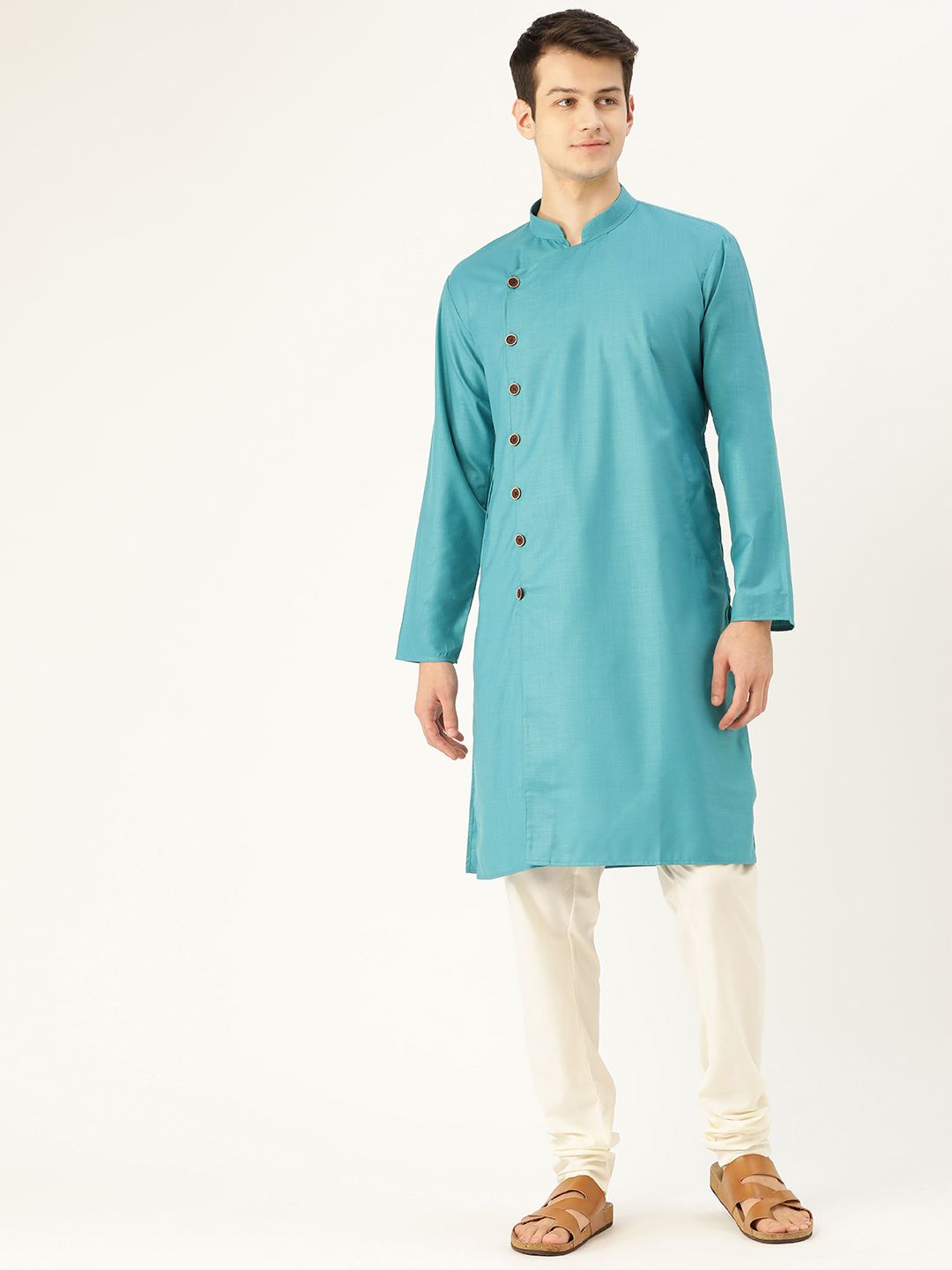 SOJANYA Men Blue Solid Straight Angrakha Kurta
