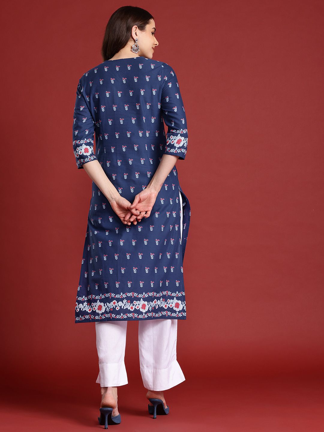 Anouk X Kaarkhana Pure Cotton Floral Print Keyhole Neck Indigo Kurta