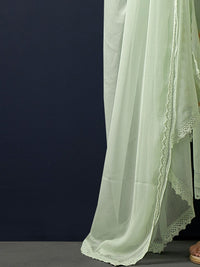 Indo Era Floral Printed Regular Linen Straight Kurta With Trousers & Dupatta