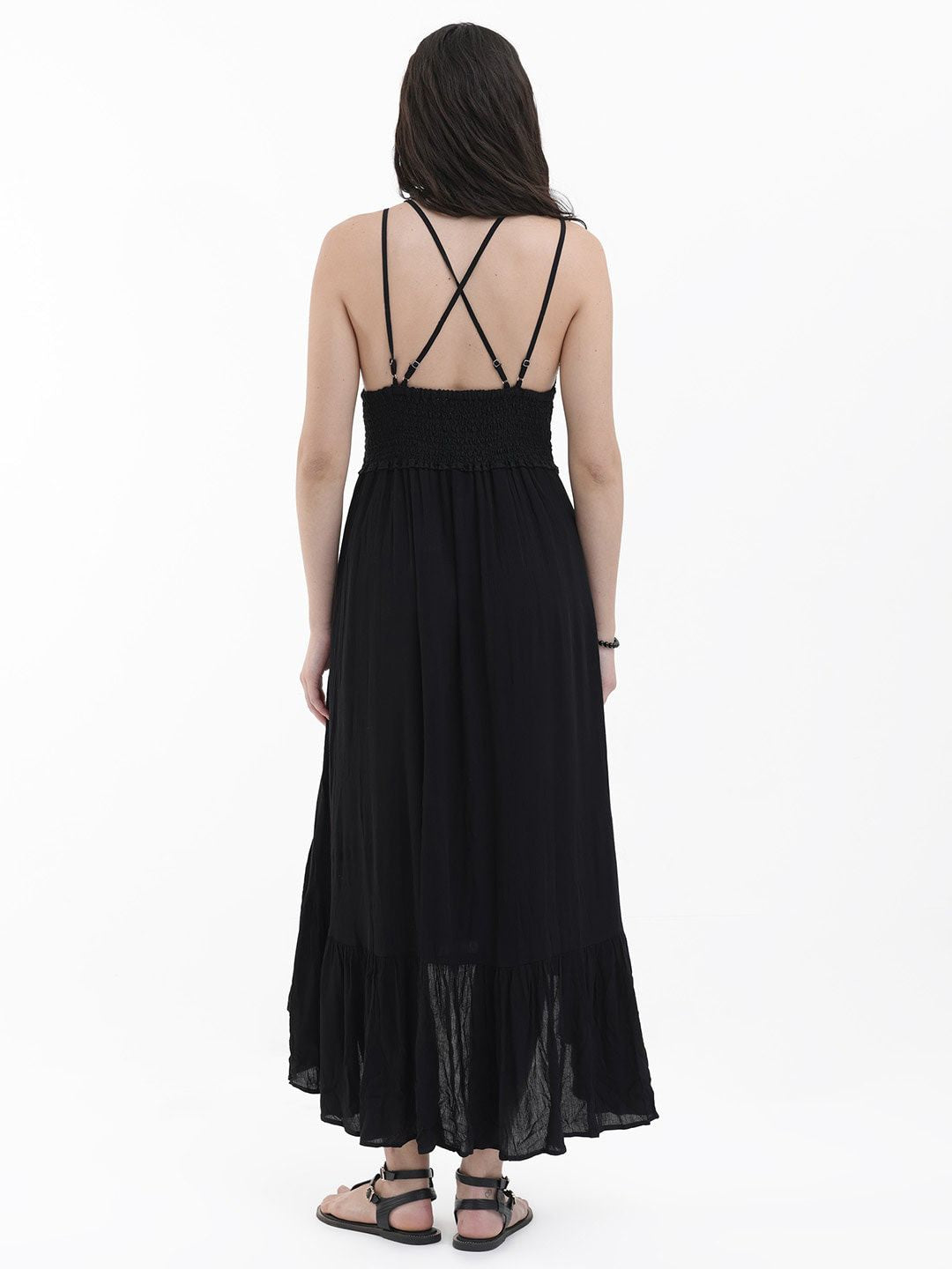 RAREISM Self Design Shoulder Strap Fit & Flare Midi Dress