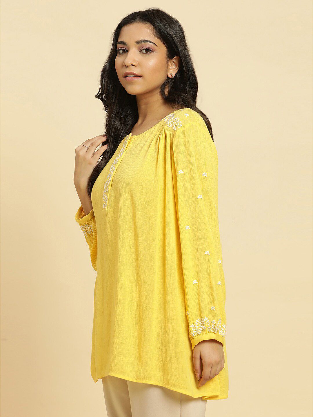W Embroidered Puff Sleeve Round Neck Long Sleeves Top