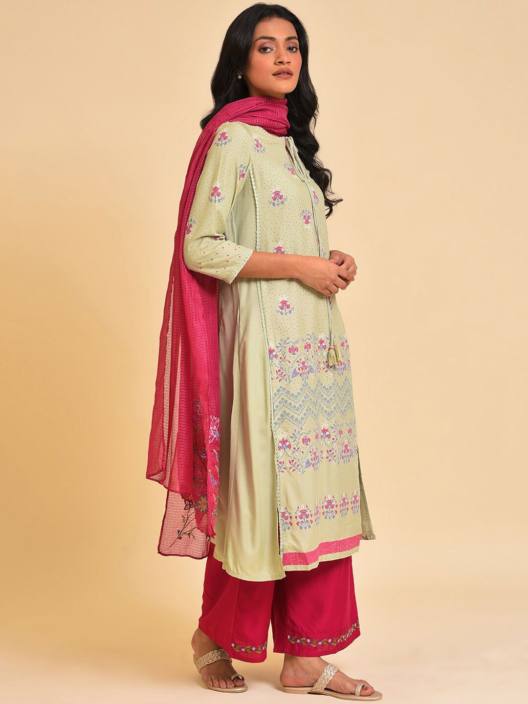W Green & Pink Floral Printed Sequined Kurta with Palazzos & Dupatta