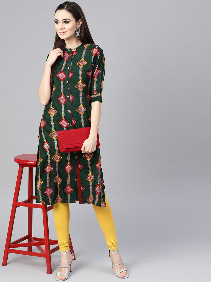 SOJANYA Women Green & Orange Printed Straight Kurta
