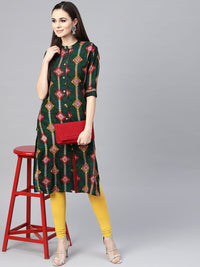SOJANYA Women Green & Orange Printed Straight Kurta