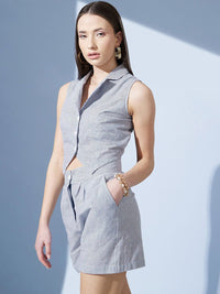STREET 9 Striped Shirt Collar Pure Cotton Coat & Mid-Rise Shorts