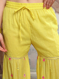 Vishudh Yellow Embroidered Mirror Work Pure Cotton Straight Kurta With Sharara & Dupatta