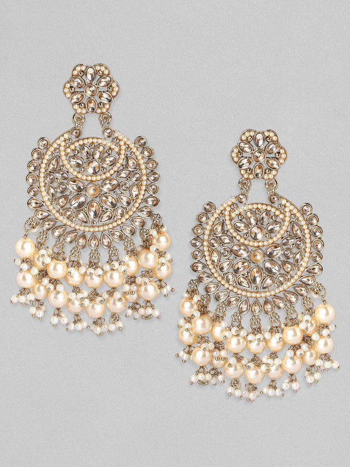 Rubans 22K Gold Plated AD Studded Handcrafted Long Chandbali with Cream-Colored Pearls