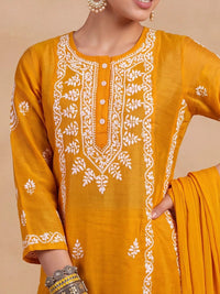 House of Chikankari Women Ethnic Motifs Embroidered Regular Thread Work Chanderi Silk Kurta with Trousers &