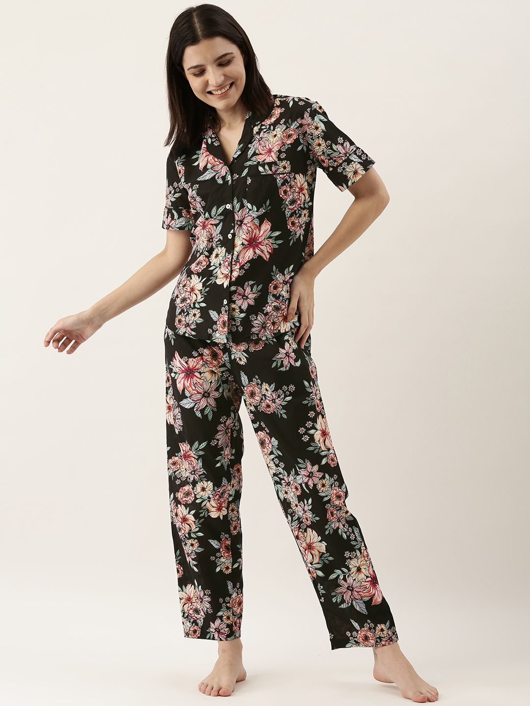 SANSKRUTIHOMES Women Black Pure Cotton Floral Print Pyjama Set