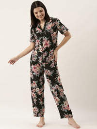 SANSKRUTIHOMES Women Black Pure Cotton Floral Print Pyjama Set