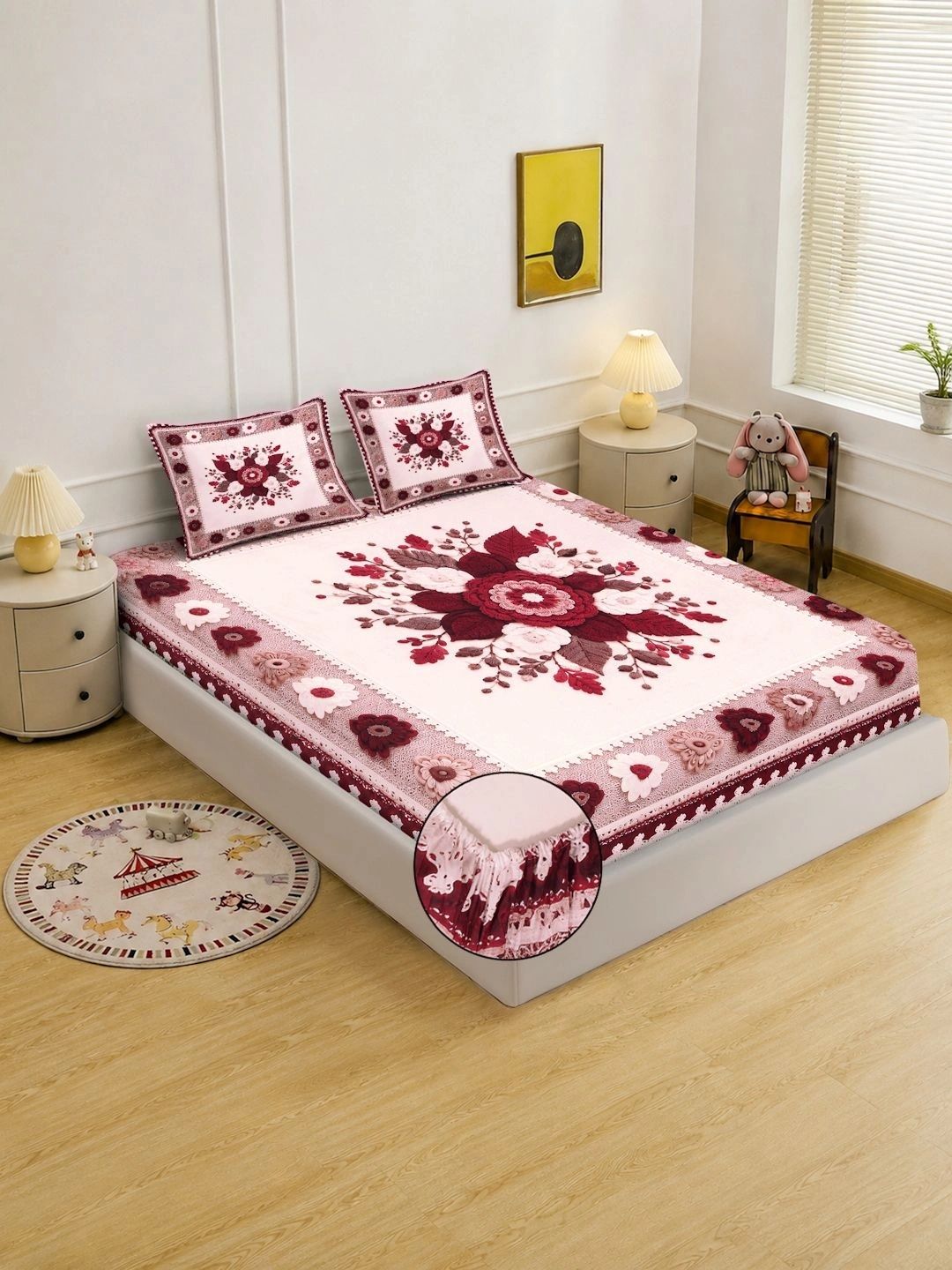 Myntra Elegant Homes Maroon & Pink Floral 400 TC Cadar Katil King dengan 2 Sarung Bantal