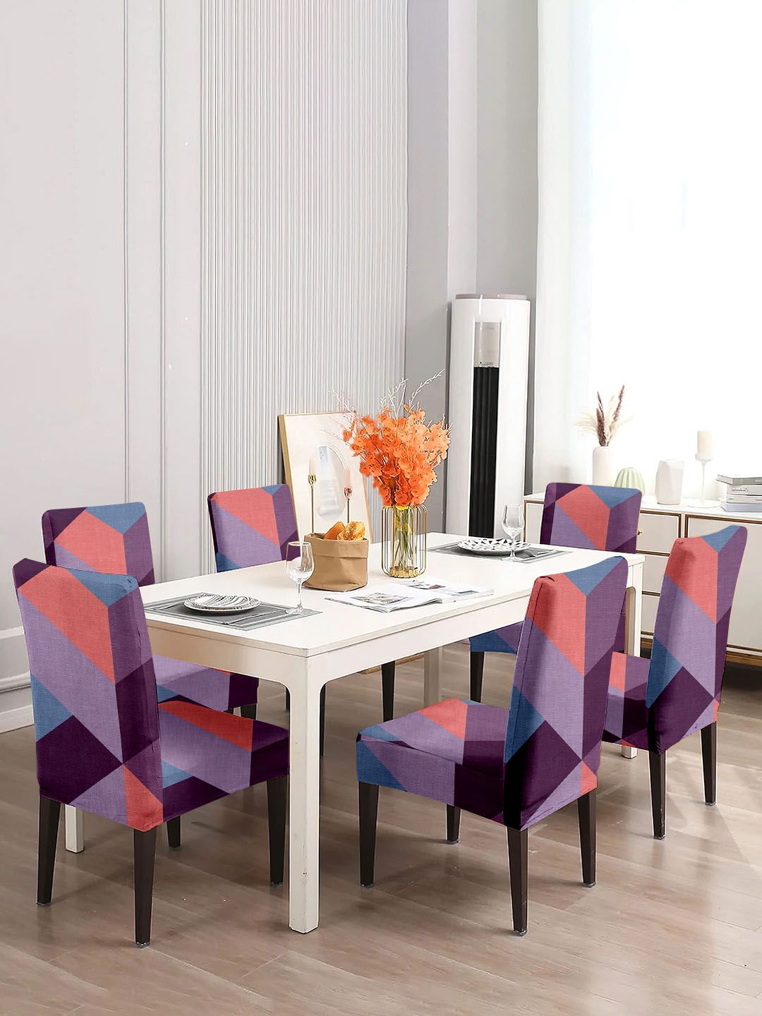 Cortina Purple & Blue 6-Pieces Geometric Printed Super Stretchable Chair Covers