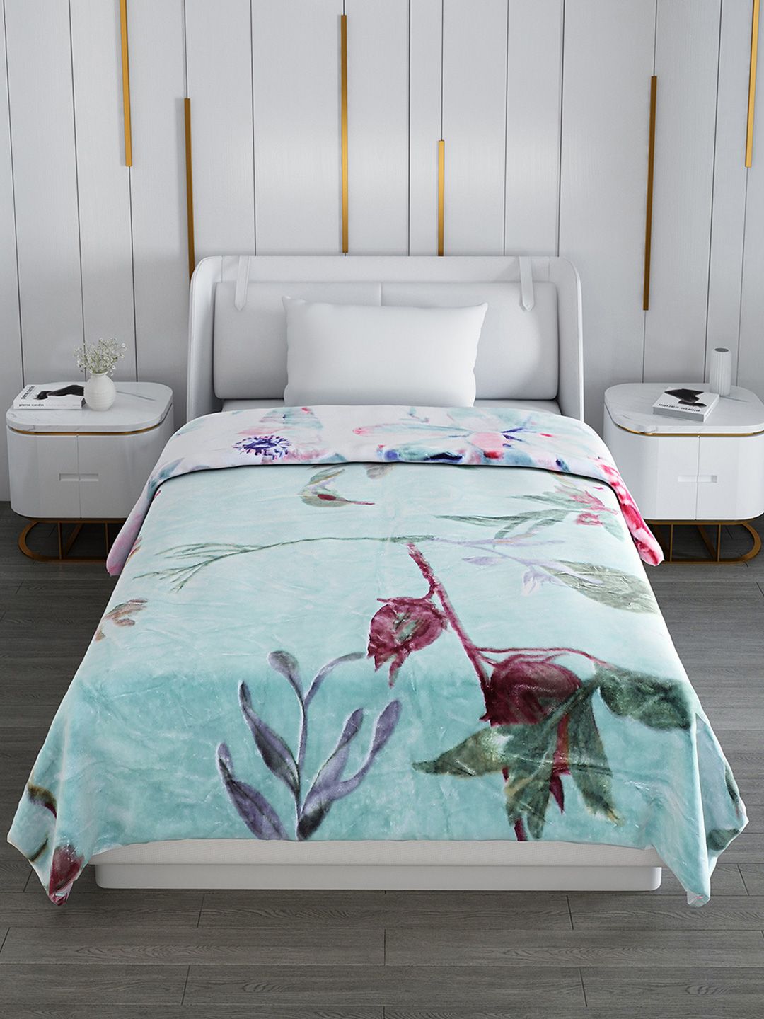 Monte Carlo Blue & Pink Floral Printed Mild Winter Single Bed Blanket