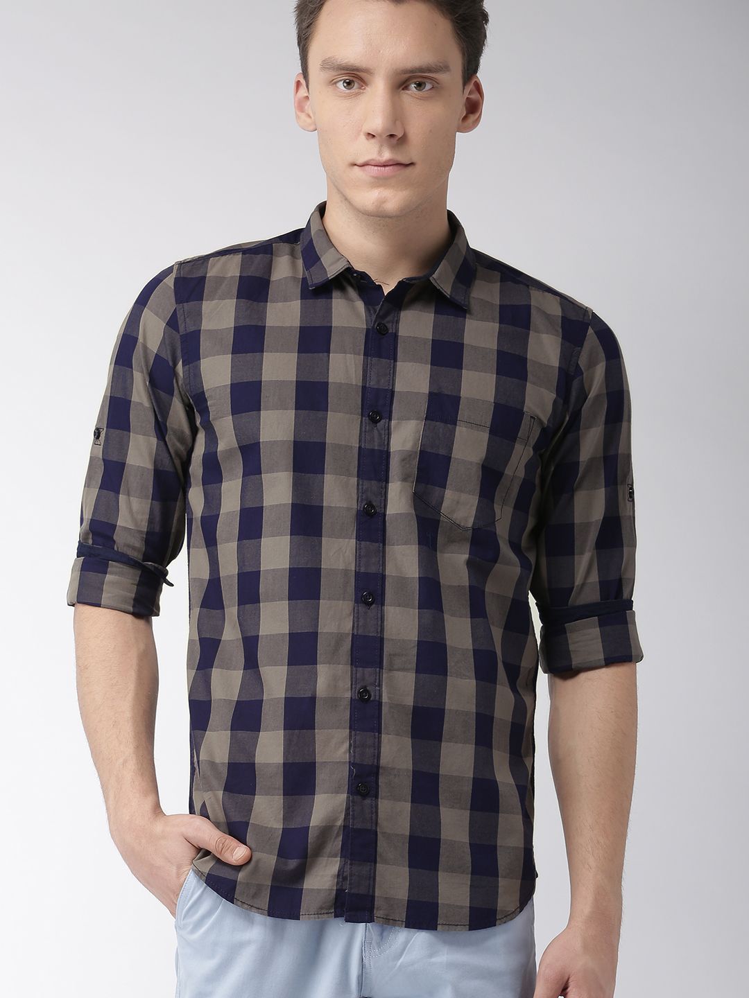 HIGHLANDER Men Navy Blue & Taupe Slim Fit Checked Casual Shirt