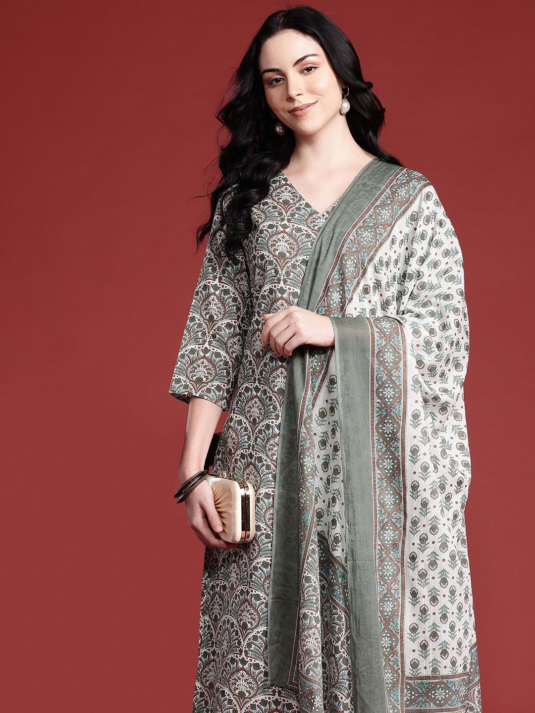 Anouk Ethnic Motifs Printed Kurta with Trousers & With Dupatta