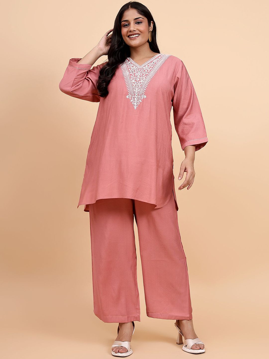 Bani Women Plus Size Etnic Motifs Embroidered V-Neck Tunic With Trousers