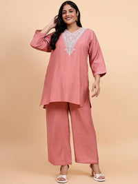 Bani Women Plus Size Etnic Motifs Embroidered V-Neck Tunic With Trousers