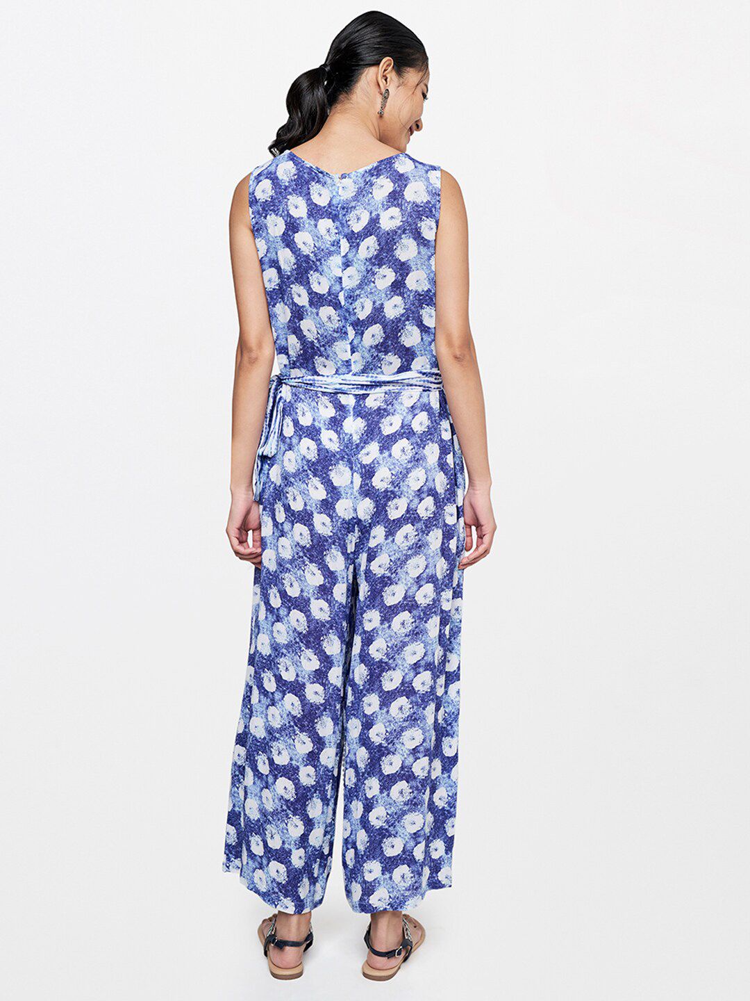 Global Desi Blue & Off White Printed Basic Jumpsuit