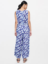 Global Desi Blue & Off White Printed Basic Jumpsuit