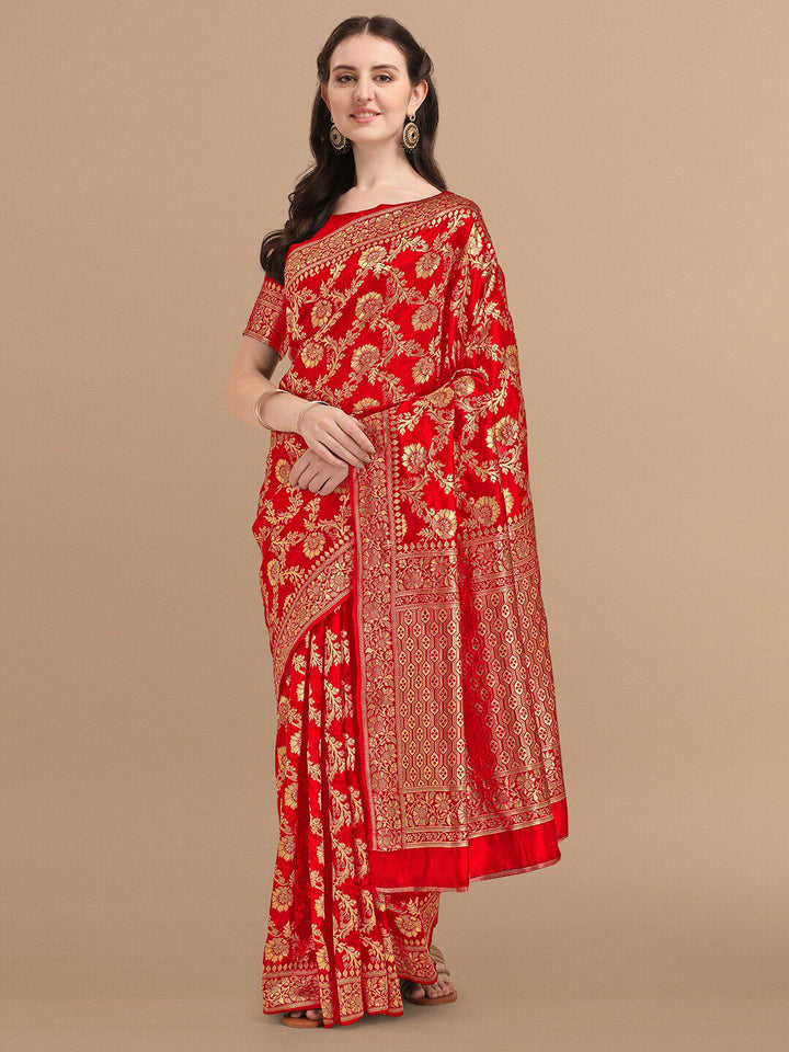 KALINI Red & Golden Floral Zari Silk Blend Banarasi Saree