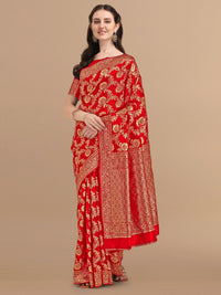 KALINI Red & Golden Floral Zari Silk Blend Banarasi Saree
