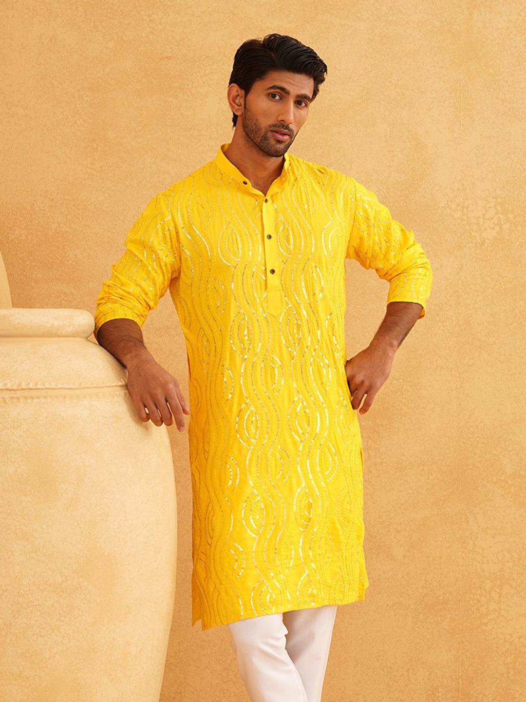 SOJANYA Men Mustard Yellow Ethnic Motifs Thread Work Kurta