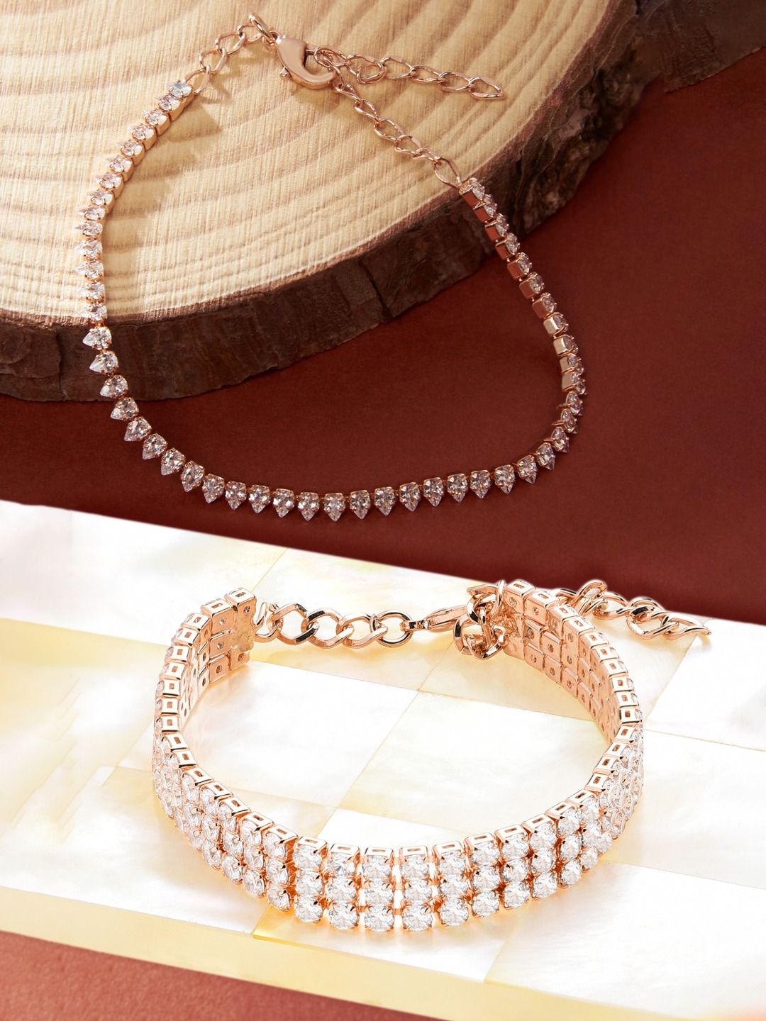 Set Mutiara Zaveri 2 Gelang Salutan Loyang Putih Cubic Zirconia Putih Bersalut Emas